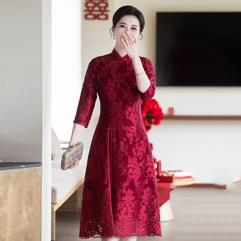 Elegant Vintage Cheongsam Dress Mother Of Bride Wedding Guest Outfit Red Pink Floral Lace Midi