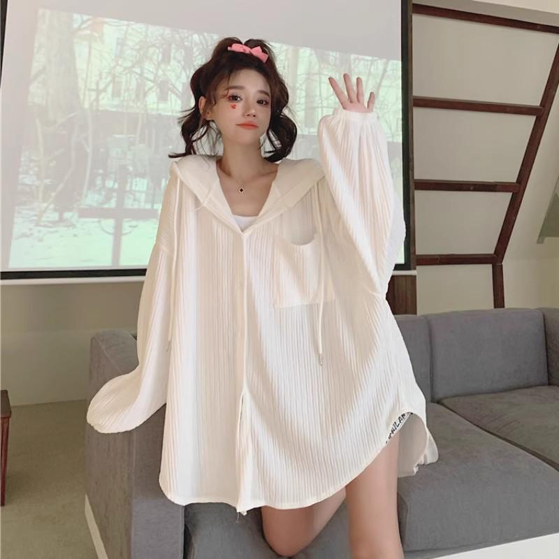 Women's White Hooded Sun Protection Cardigan - Summer 2025, Versatile Long-Sleeve, Mid-Length Loose Thin Jacket
