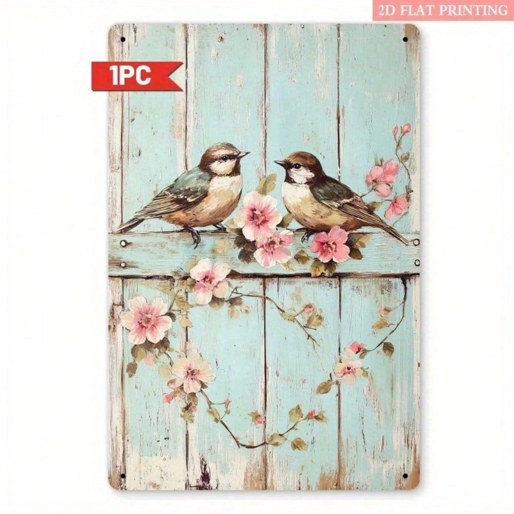 1pc 8x12 Inch Vintage Bird Flower Metal Sign Rustproof Weatherproof UV Resistant 2D Flat Unframed Decorative Plaque For Country Home Garden Wall Art