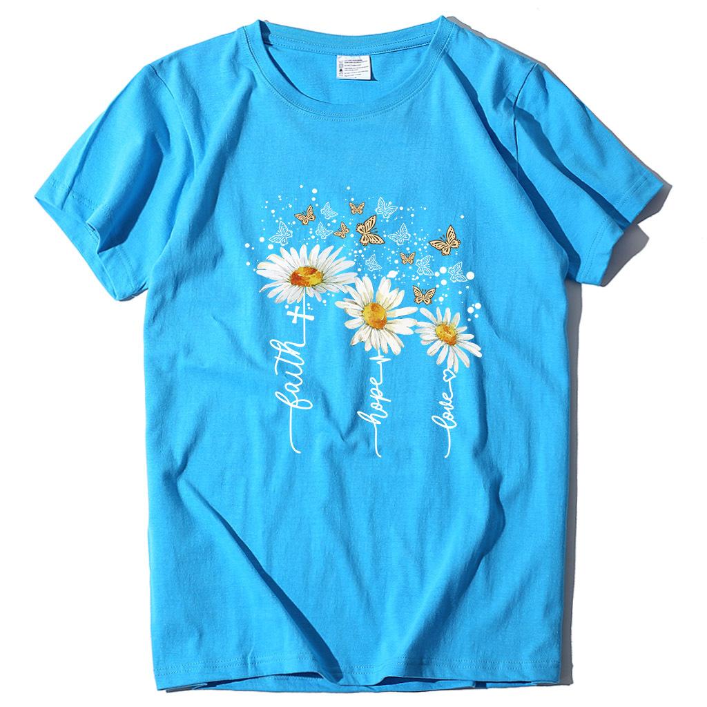 Ležérní tričko s potiskem chryzantémy a motýlů, letní top s krátkým rukávem z čisté bavlny s kulatým výstřihem, dámské