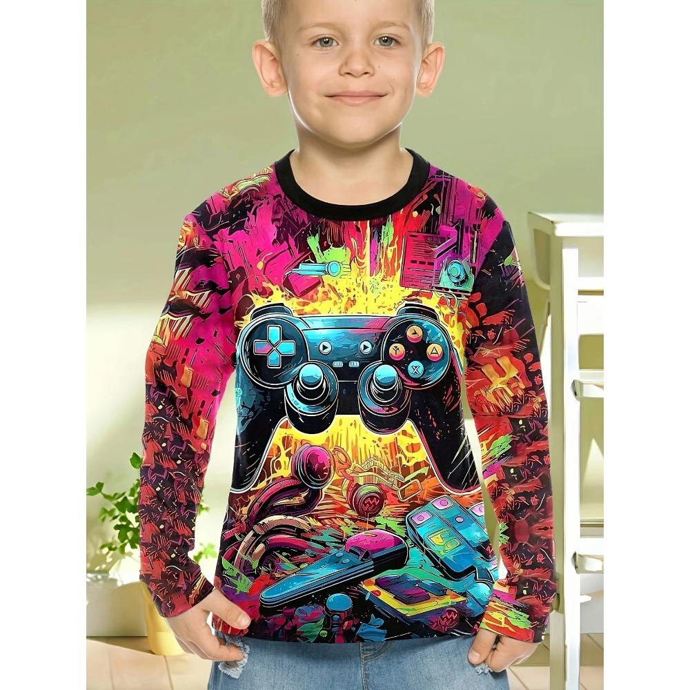 Spring and Autumn Round Neck 3D Gamepad Pattern Printed Top Fashionable Casual Long Sleeved Children's Boy T-shirts
