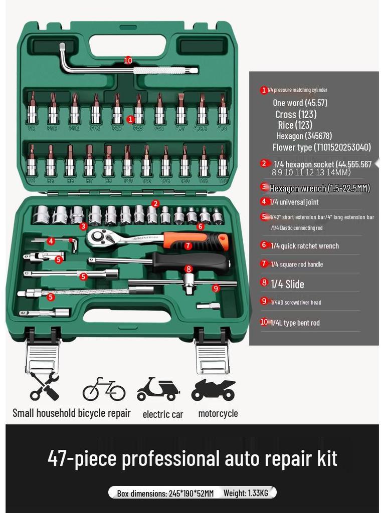 Green Forest Auto Repair Tool Set: Socket Wrench, Ratchet, Combination Tool Box.