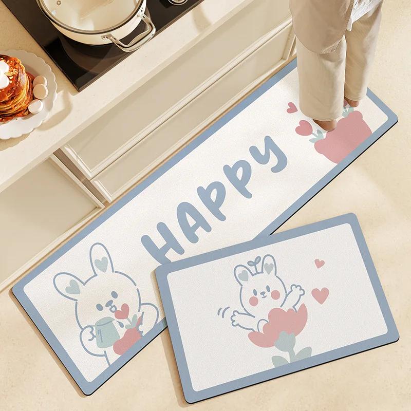 Fiber Leather Natural Rubber Kitchen Floor Mat, Soft Q-elastic Long Kitchen Mats Absorbs Water, Oil and Non-slip Foot Pads