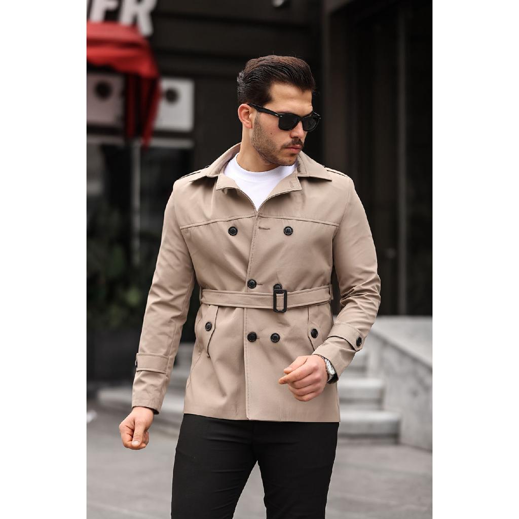 Men's Black Seasonal Lined Belted Double Breasted Trench Coat