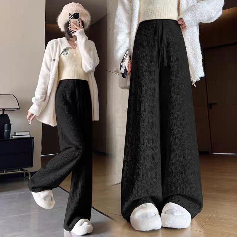 New Autumn Winter Plus Size Womens Wide Leg Pants High Waist Loose Straight Casual Trousers Slimming Mid Age