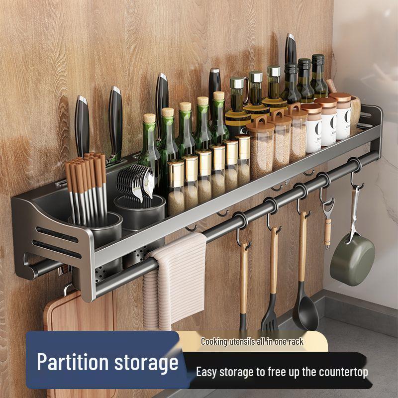 Stainless Steel Wall-Mounted Kitchen Rack with Chopstick, Knife, and Spice Storage
