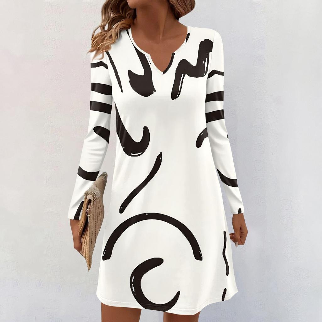 Women's Long-sleeved Casual Midi Dresses V-Neck Print  Casual Dress