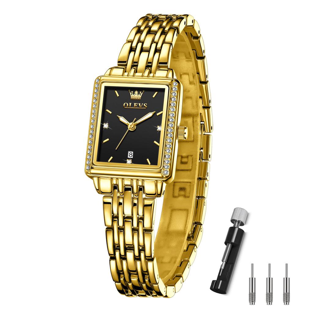 OLEVS Women's Square Gold Watch, Popular Women's Watch, Waterproof Quartz Movement, Analog Business Watch, Sparkling and Stylish, Lightweight, Metal