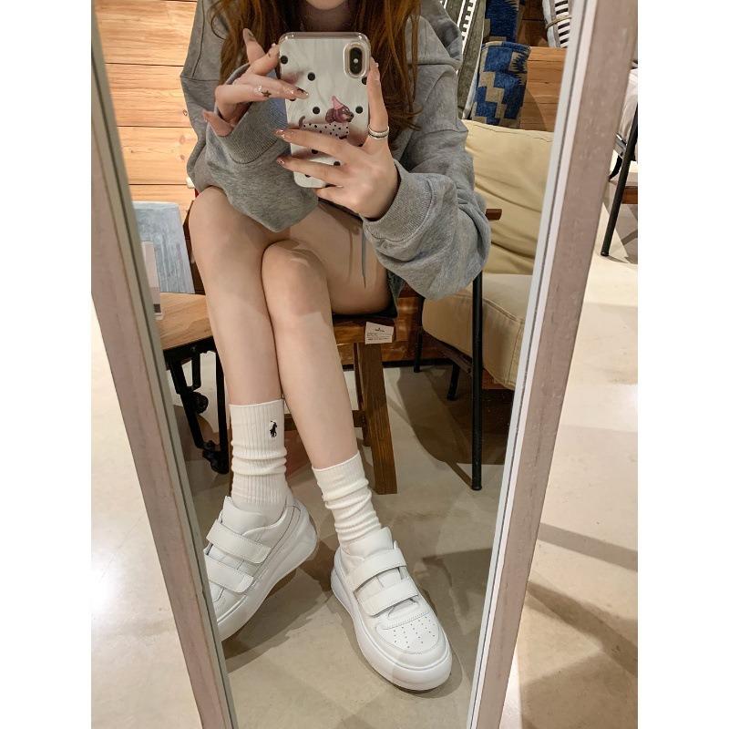 Cowhide Version~ 6.5cm Thick-soled Smiley Face Velcro Heightening Casual Sports Board Shoes Women's White Shoes