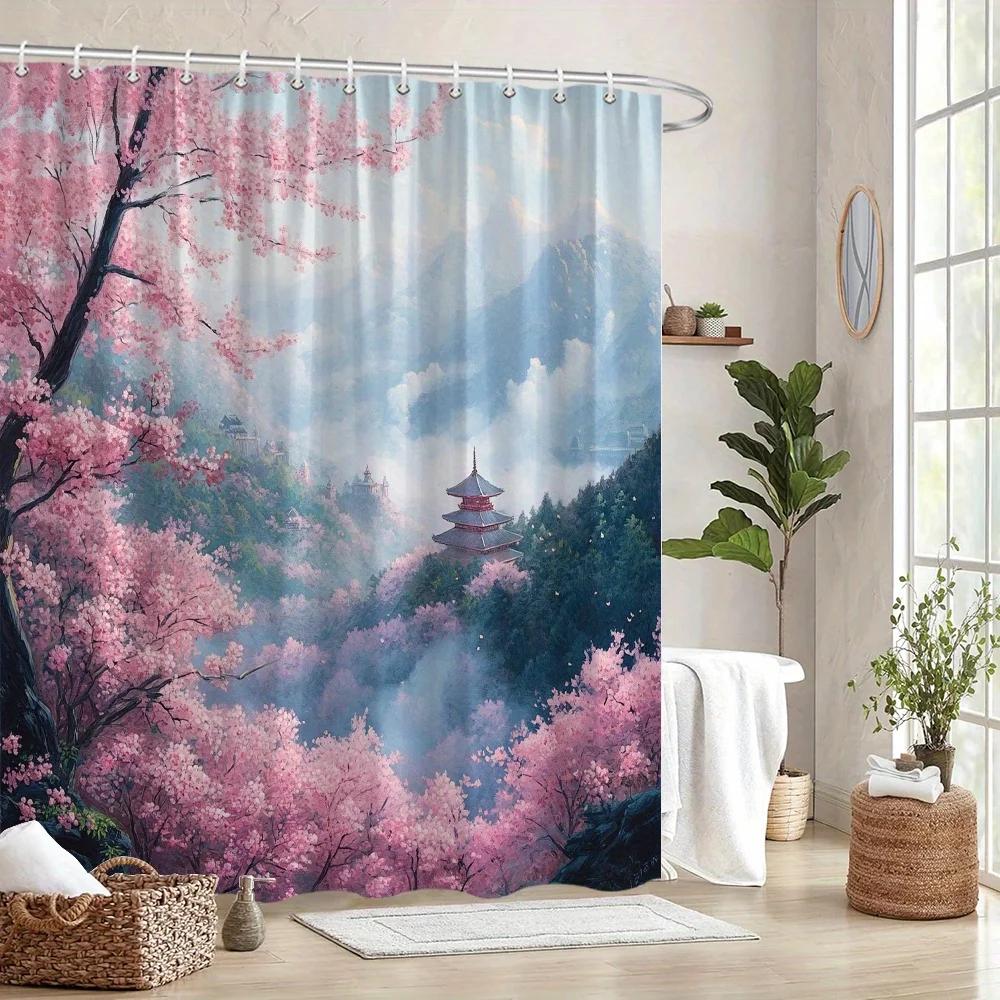 Misty Cherry Blossom Pagoda Shower Curtain - Japanese Landscape with Pink Blossoms, Snowy Mountains, Ethereal Design, 12 Hooks