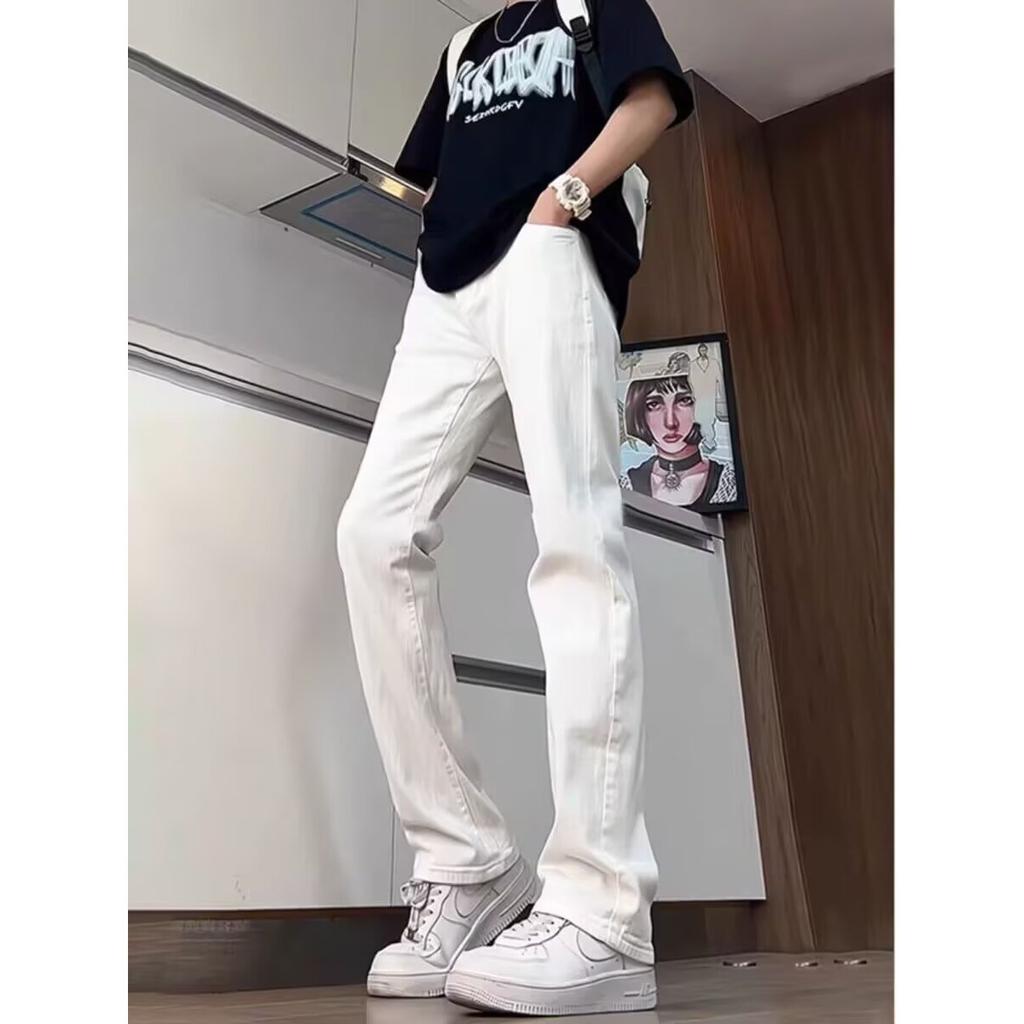 Solid color simple elastic waist jeans men's American high street trend basic casual trousers