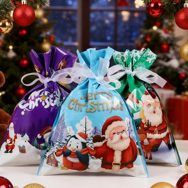 12/24/30Pcs Holiday Gift Bags With Drawstring Closure For Christmas Decorations Durable Efficient Foil Materials Assorted Sizes And Colorful Pattern
