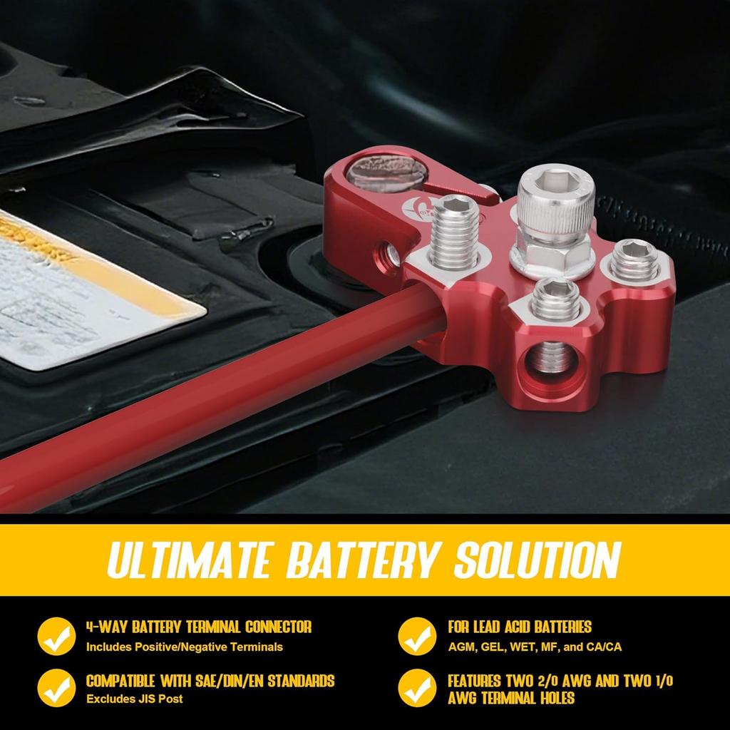 4-Way Lead Acid Battery Terminal Connector Clamps Battery Cable Ends For SAE/DIN/EN Tapered Top Post With 8AWG To 4/0 AWG, Positive & Negative Set,