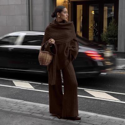 Women's Knitted Sweater 3 Piece Sets Winter Fall Lounge Long Sleeve Top Knit Pants Outfits Casual Chunky Sweater Pants Sets for Women Loungewear Sets
