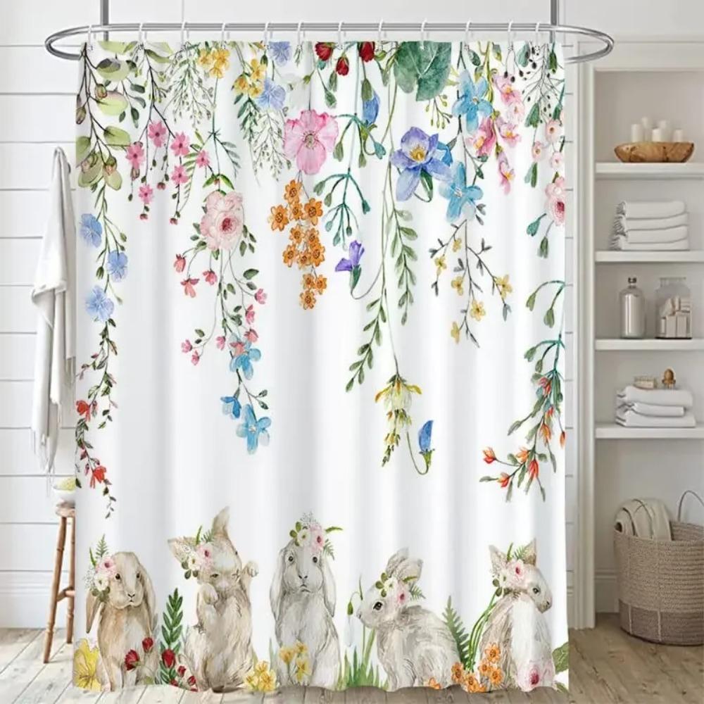 Happy Easter Bunny Shower Curtain Funny Rabbits Pink and Blue Eggs Bath Curtain Polyester Fabric Waterproof Bathroom Curtain Set