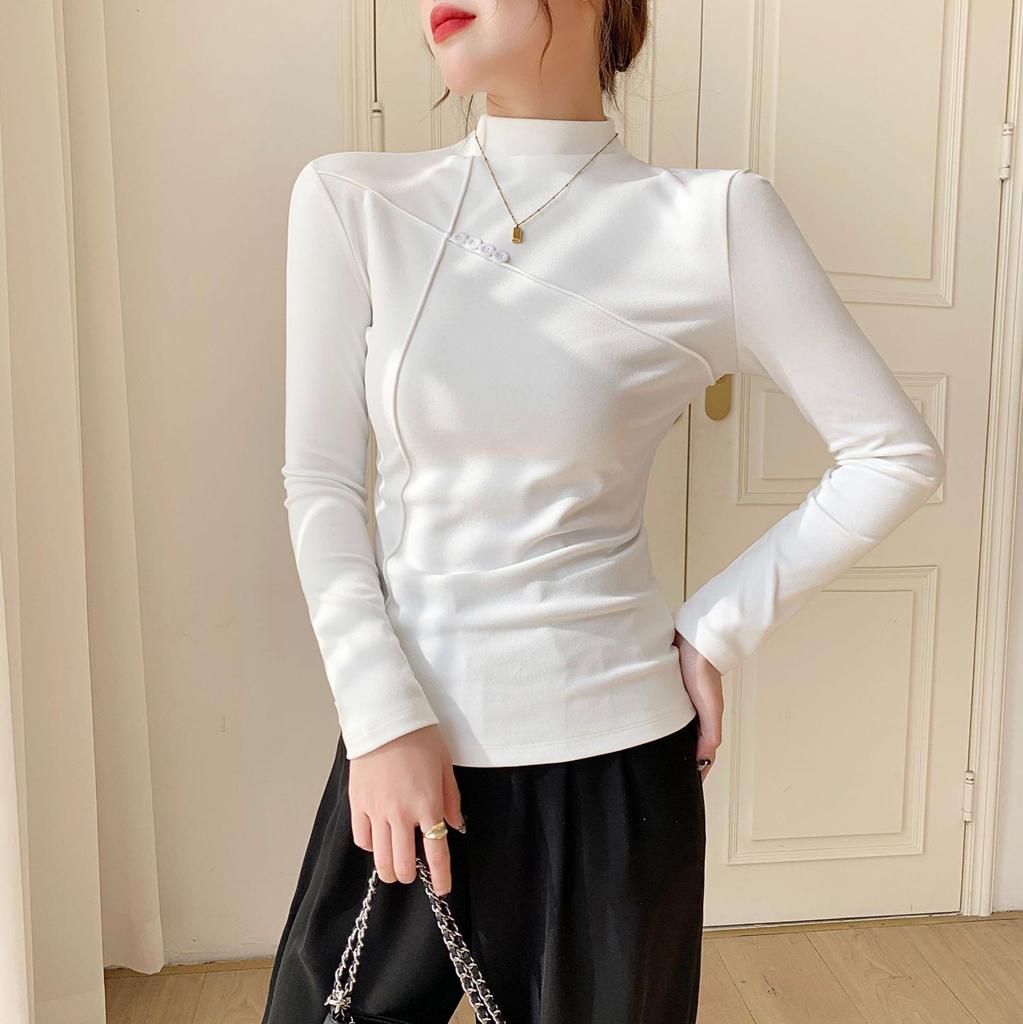 Women's Fleece-Lined Semi-High Neck Long-Sleeve Slim Fit Base Layer for Autumn/Winter