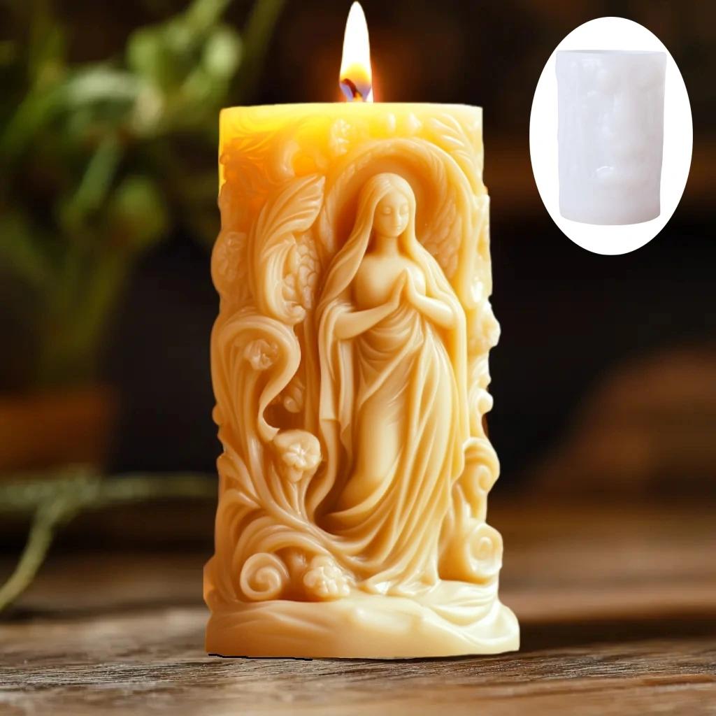 Virgin Mary Relief Cylinder Candle Silicone Mold Prayer Goddess Mary Resin Mould Curling Hair Mary Relief Cylinder Gypsum Molds