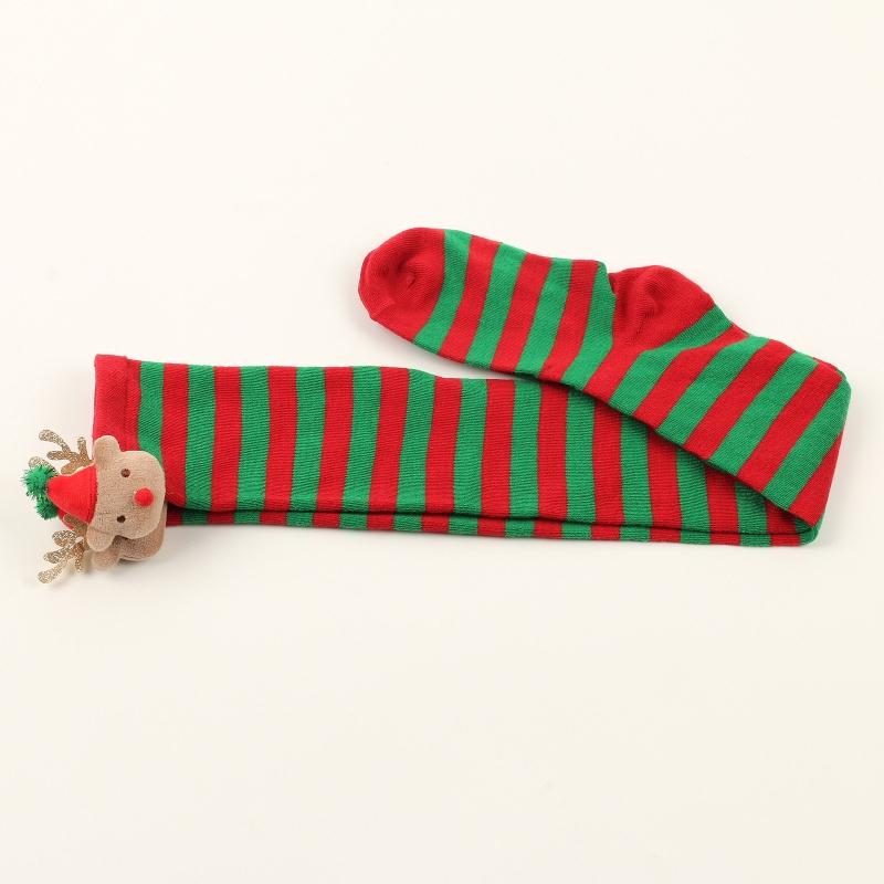 Women Christmas Over Knee Long Socks Cartoon 3D Elk Bowknot Striped Print Thigh High Stockings Holiday Party Hosiery