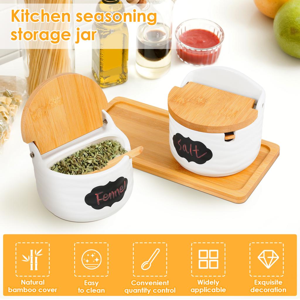 2Pcs Ceramic Seasoning Jar with Lid Spoon Seasoning Box for Sugar Salt Spice Bottle Container with Serving Tray Kitchen Supplies