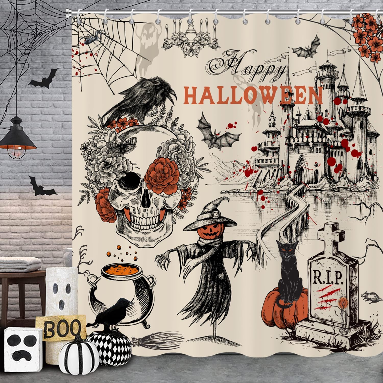 

Halloween Shower Curtain, Black And White Funny Ghosts Icons Spooky Cute Halloween Bathroom Curtain Waterproof Fabric W60H190(CM)-1 Pcs