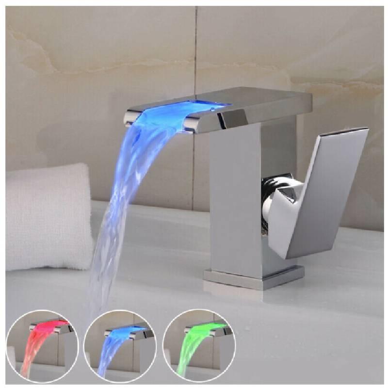 Led Bathroom Rgb Sink Mixer Tap Temperature Sense Waterfall Faucet Change Color