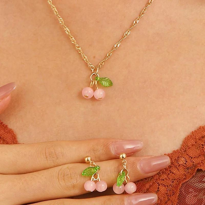 

Exquisite Cherry Red Necklace And Earring Set For Women Fashionable Personalized Daily Accessory Party Zircon Birthday Gifts