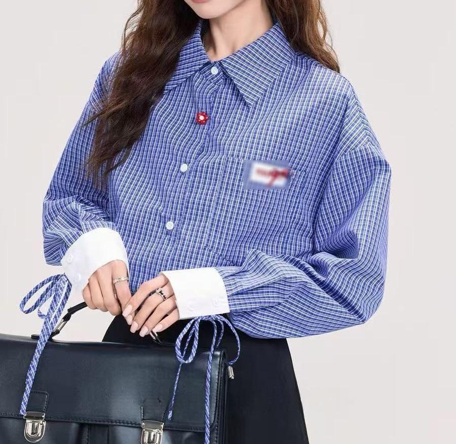 

Весна/Осень 2025 Синяя Клетчатая Лоскутная Свободная Рубашка с Длинным Рукавом и Завязками M [Up to 105 lbs]