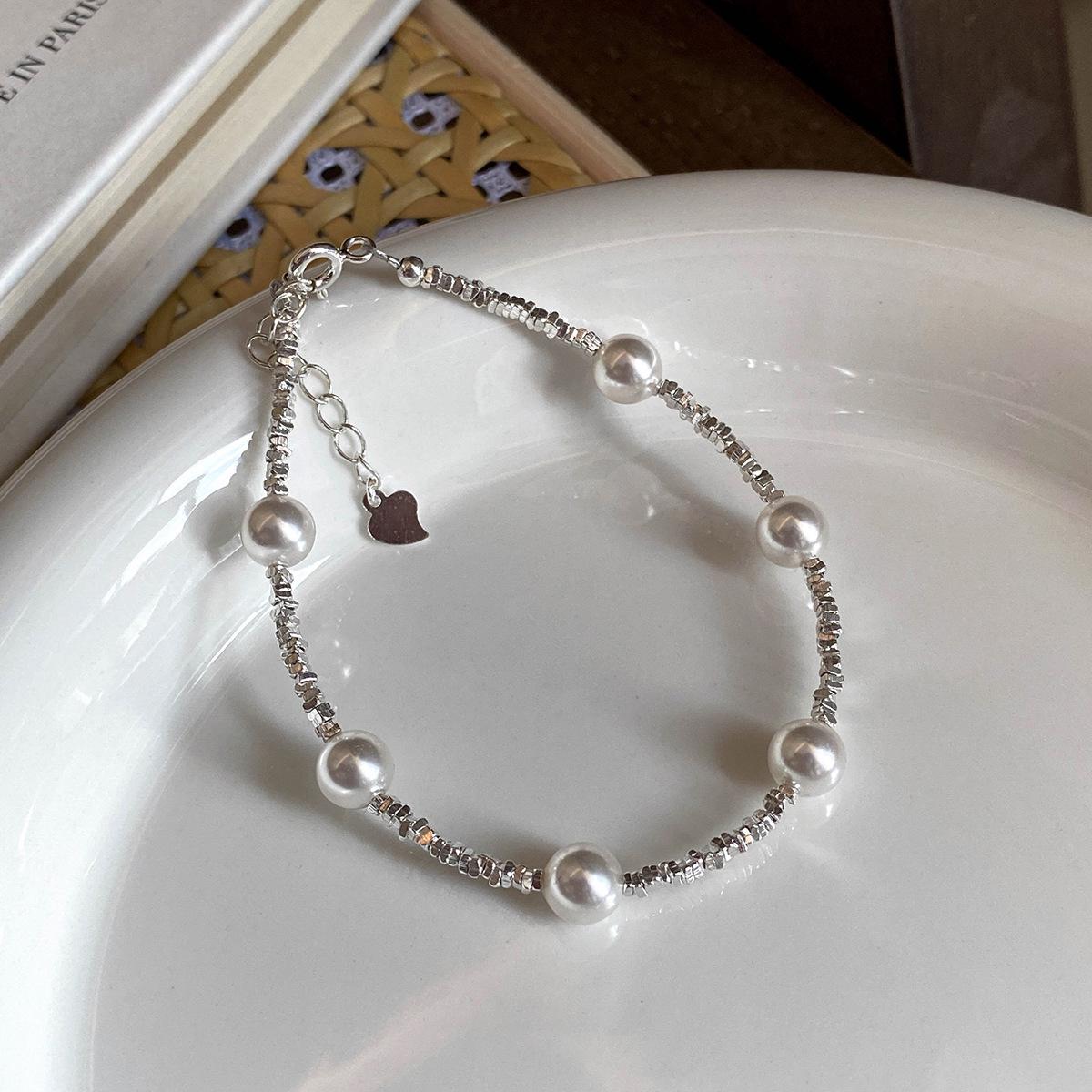 

Браслет из стерлингового серебра с жемчугом для женщин: Элегантный французский ретро-дизайн, минималистичный и универсальный. Pure Silver