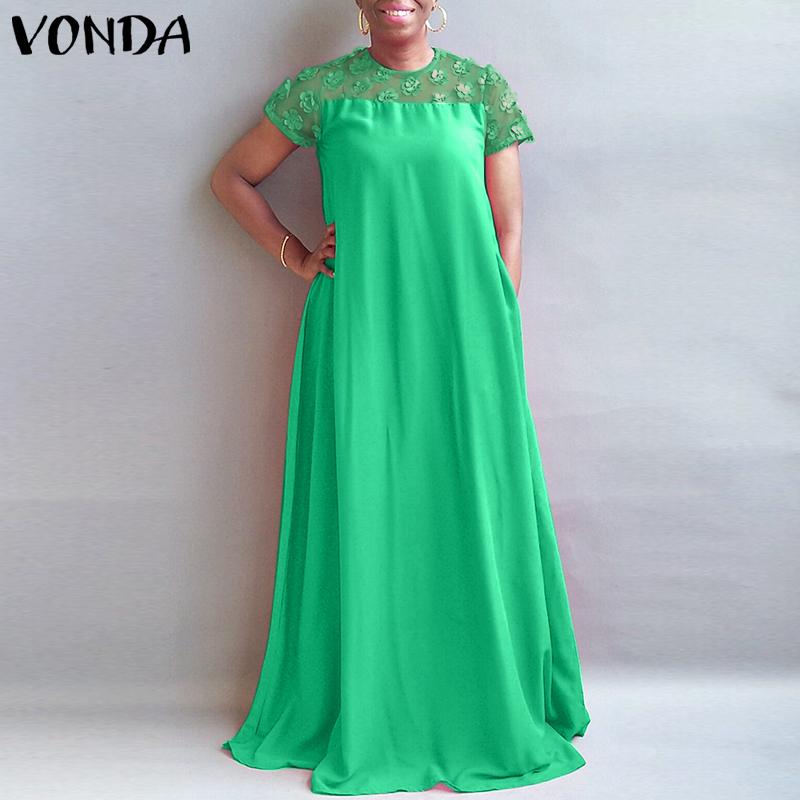 

VONDA летнее женское кружевное лоскутное длинное платье с коротким рукавом и трапециевидной линией