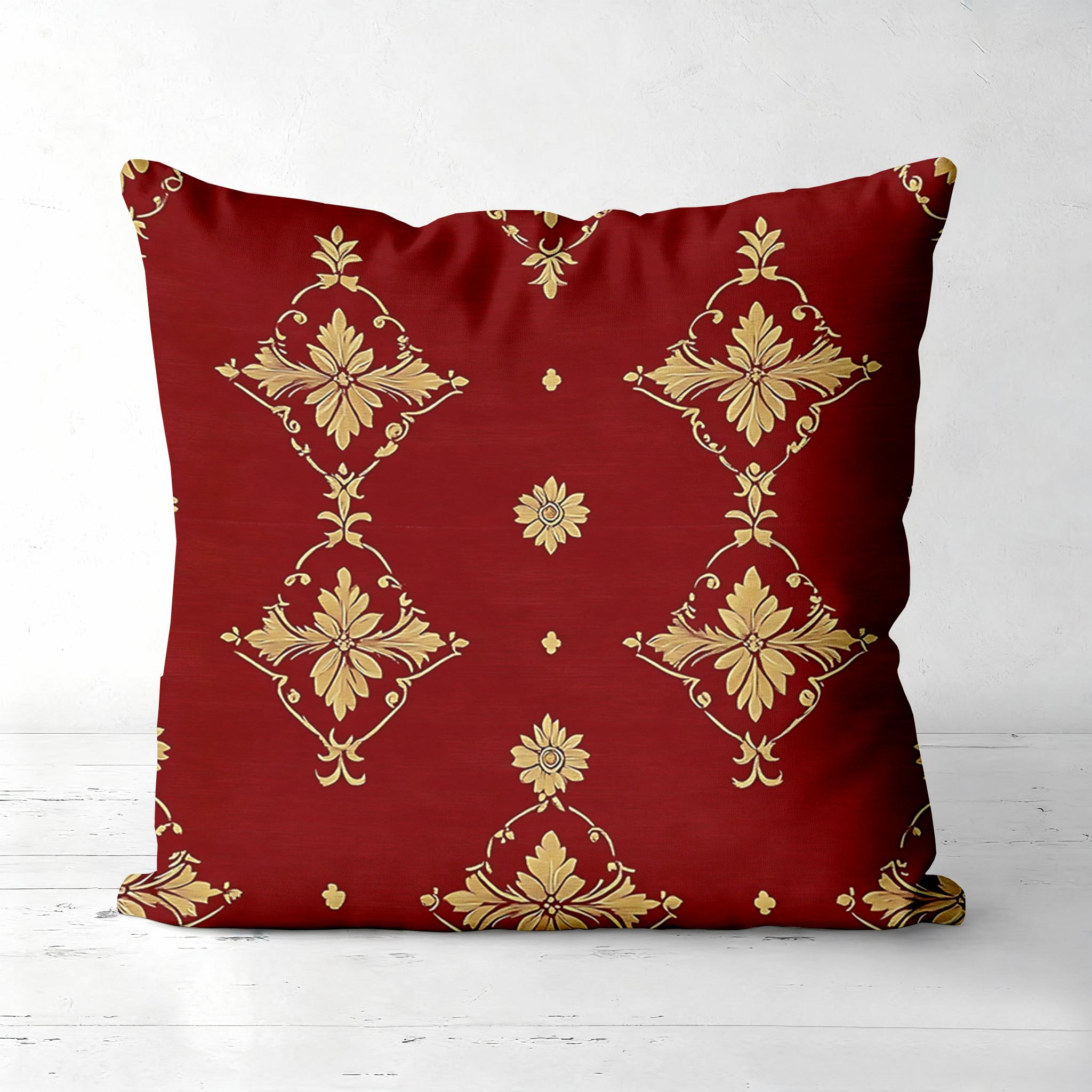 Rode Kussenkussens Met Gouden Bloemen Ornamentale Patronen Polyester Kussensloop, Decoratief Kussenhoes voor Bank Hoofdbord Kussen 50x50cm