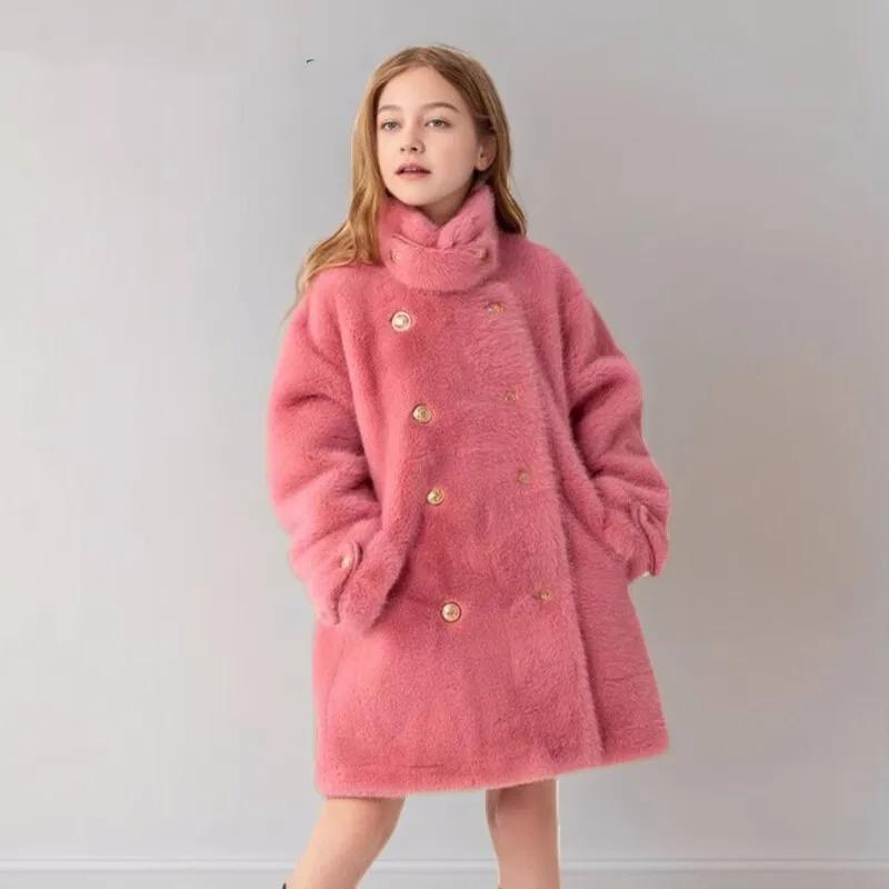 Winter Warm Girls Fashion Double-Breasted Cotton Lined Faux Fur Jackets School Kid Thick Coat Children Outfit Windbreaker