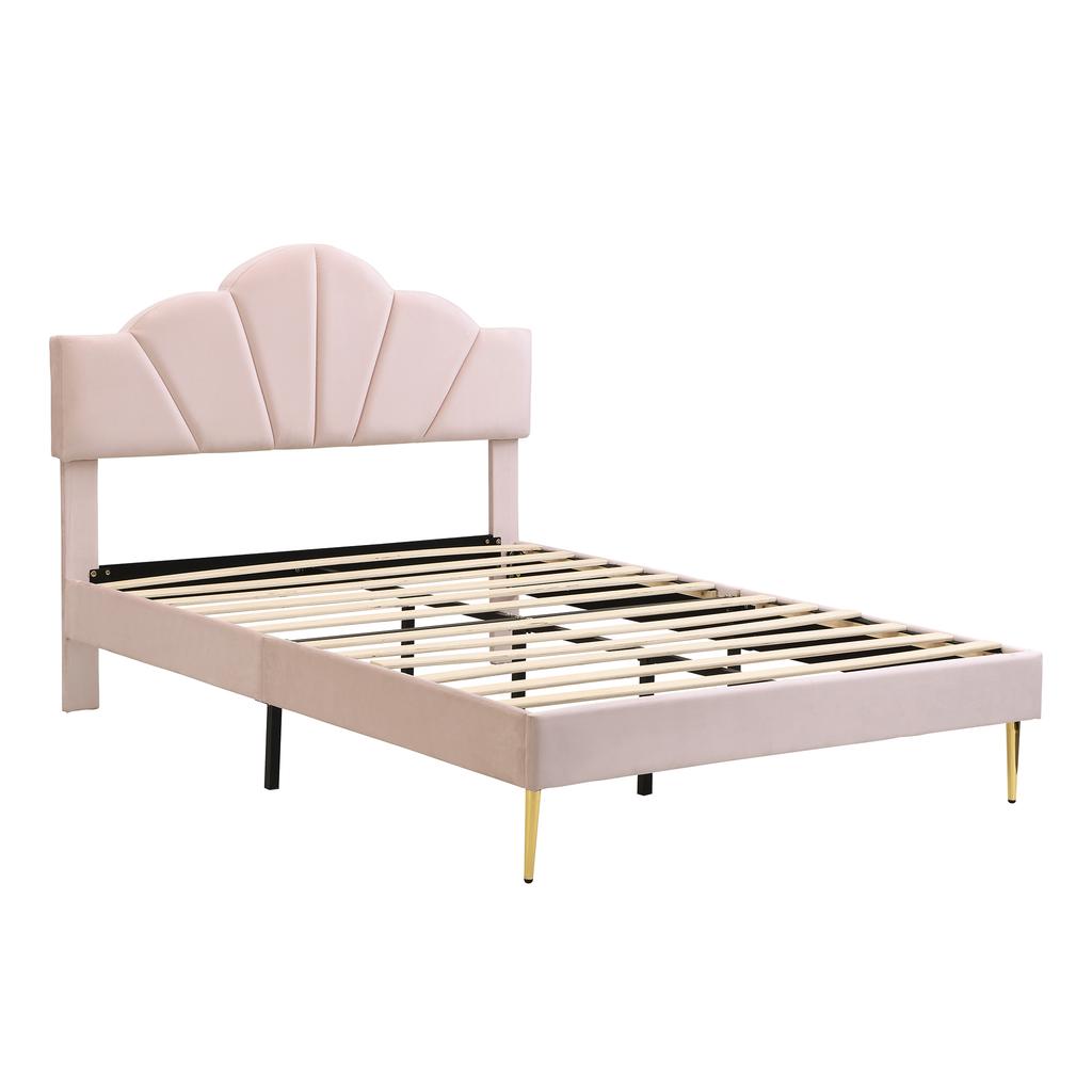 Velvet, upholstered bed, 140*190 cm, double bed, shell-shaped bed with gold iron legs, height-adjustable headboard, wooden slatted base, pink
