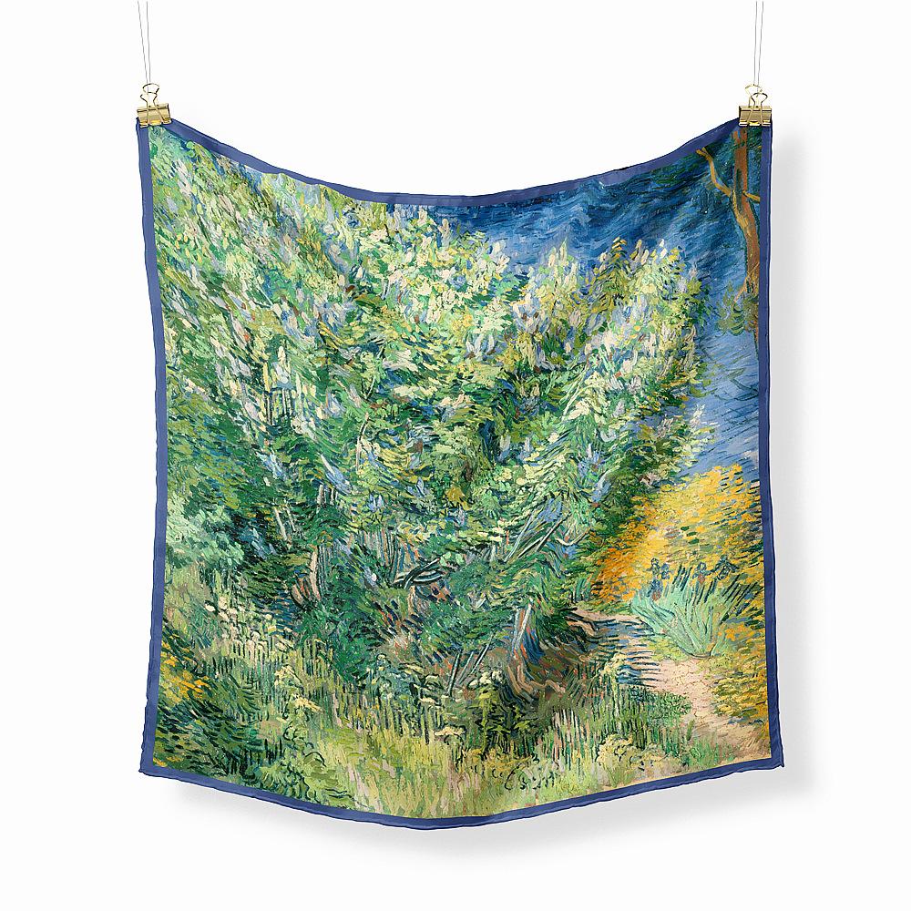 Famous Oil Painting Twill 100% Silk Scarf Fashion Bandana Women Scarf Wraps 53cm Square Scarves Hijab Head Scarf Neckerchief