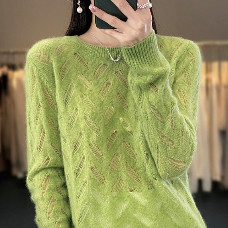 Pulover Larg Subțire Gol Primăvară Nou Culoare Solidă Mânecă Lungă Gât Rotund Larg Versatil Top