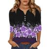 Women's Fashionable Casual Retro Floral Print V,Neck Button,Down Three,Quarter Sleeve T,Shirt Top