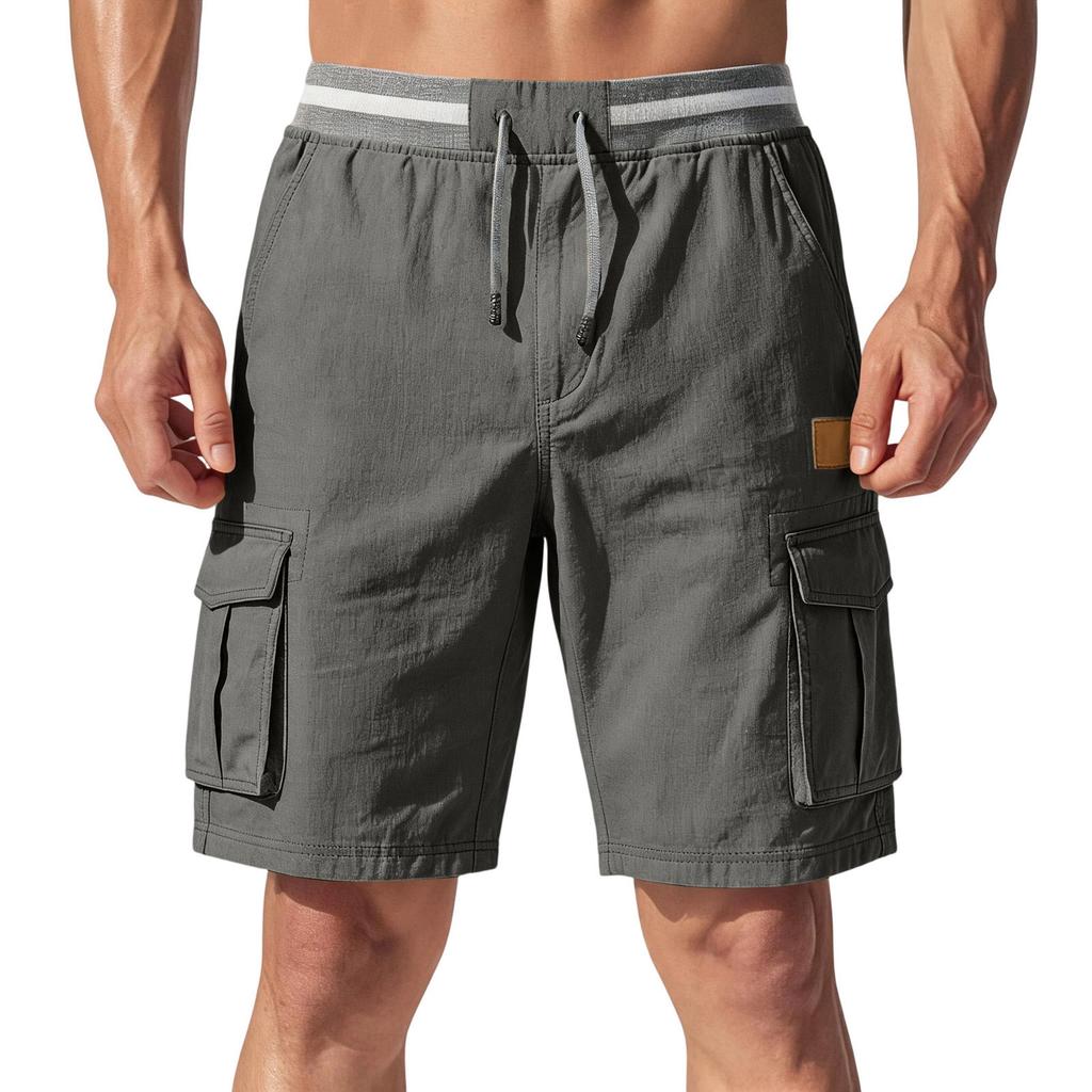 Pantalones Cortos Cargo Ligeros Transpirables con Cintura Elástica y Cordón, Estilo Casual Vintage para Hombre, Múltiples Bolsillos para Actividades al Aire Libre