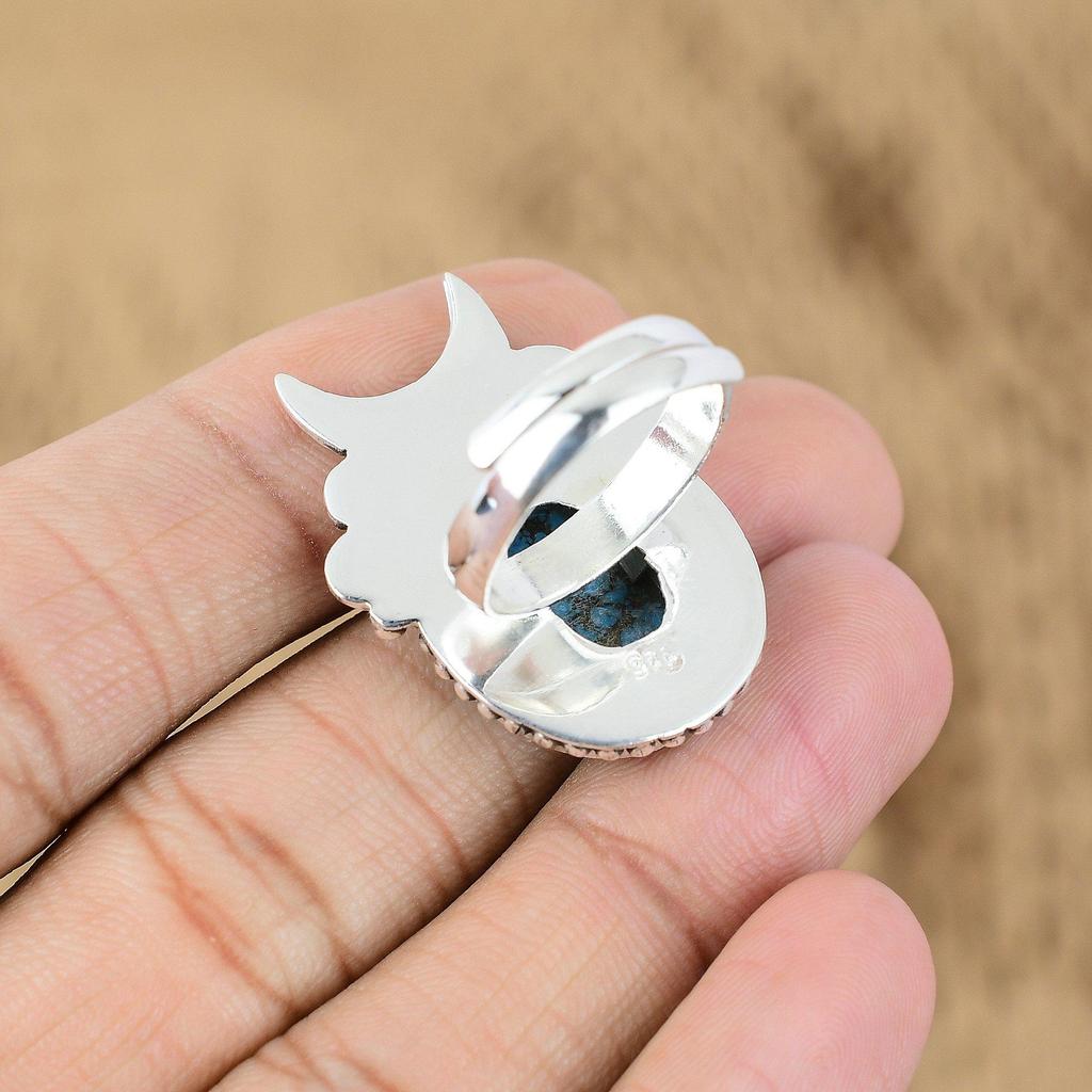 Natural Tibetan Turquoise 925 Silver Cresent Moon Adjustable Ring For Girls