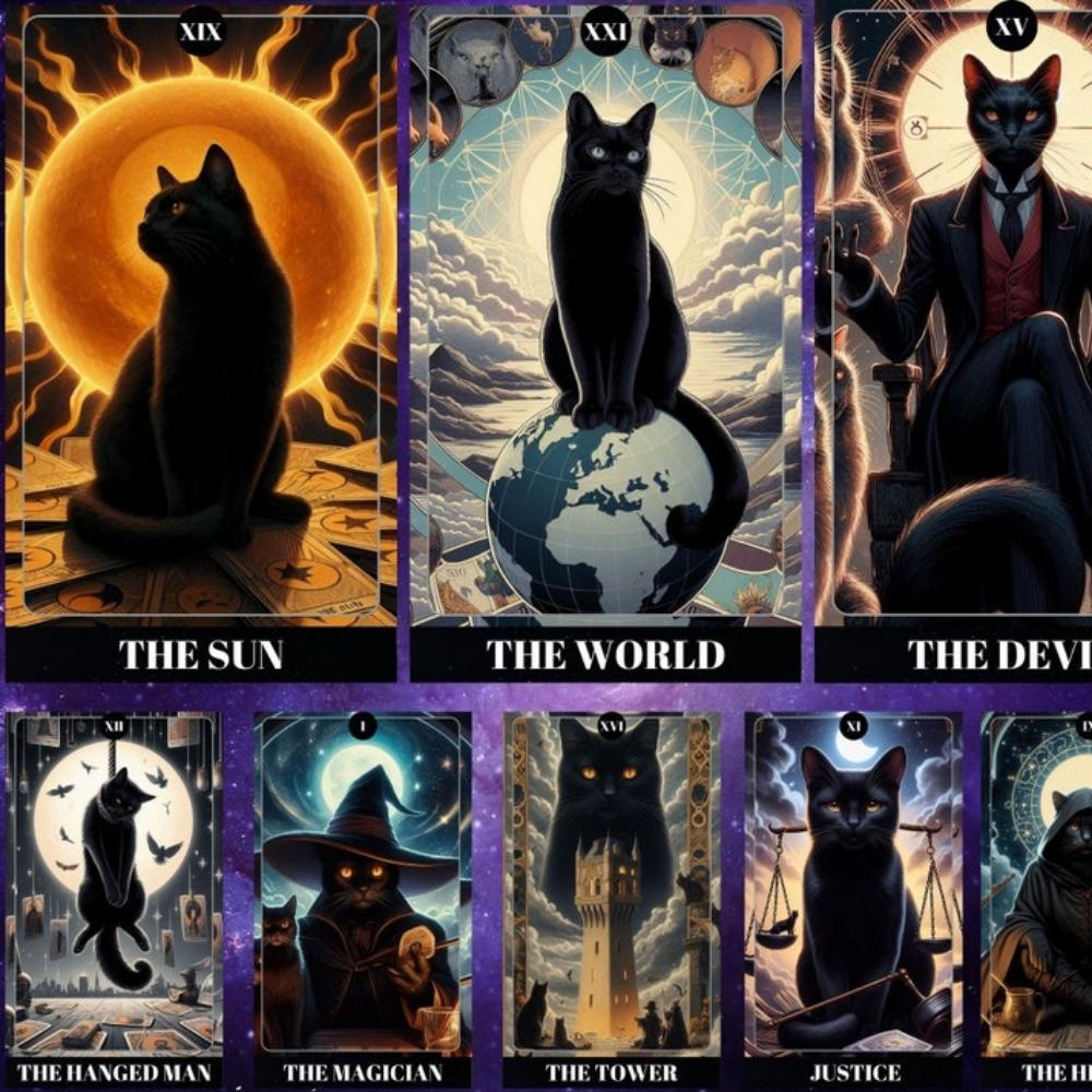 Black Cat Tarot Shadowy Cat Deck Feline Deck 78 Pcs Tarot Cards Based on Rider Waite System for Beginners 10.3*6cm