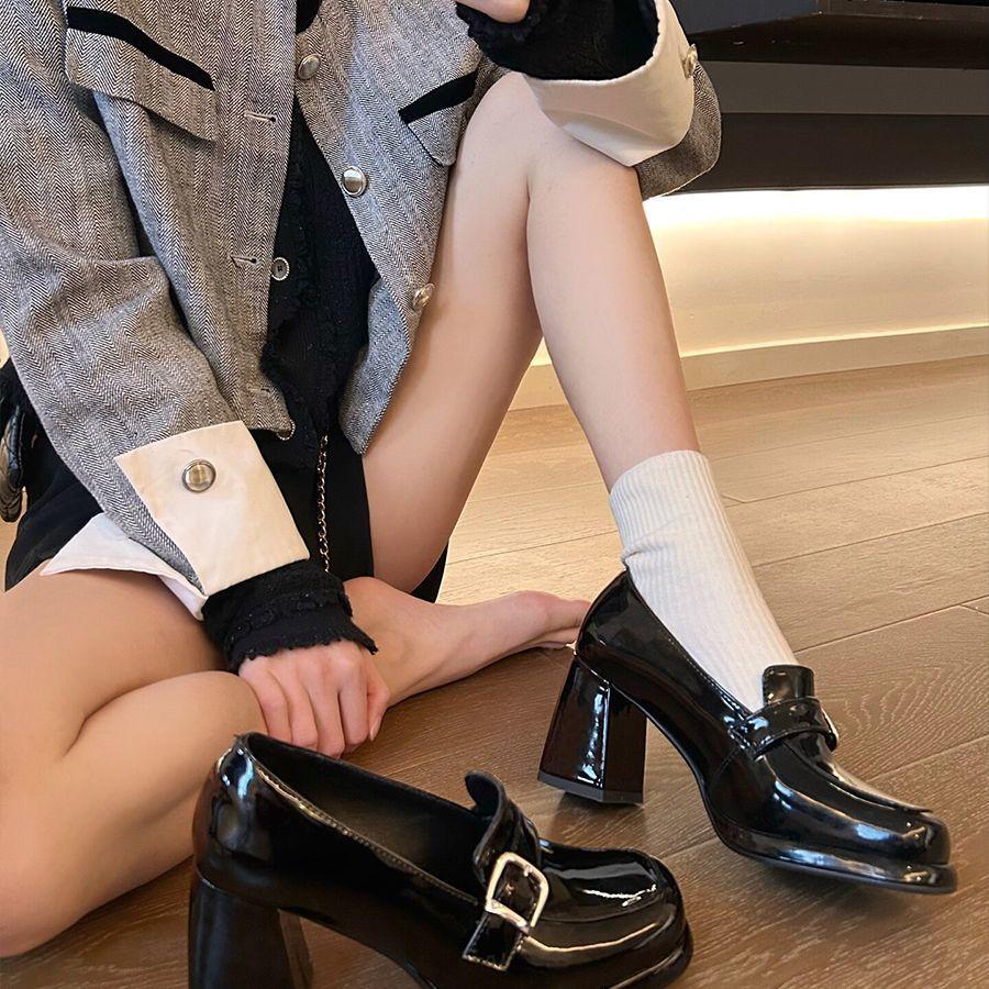 Not tired feet! Loafers 2025 spring square head thick heel metal buckle one pedal patent leather black belt buckle high heels