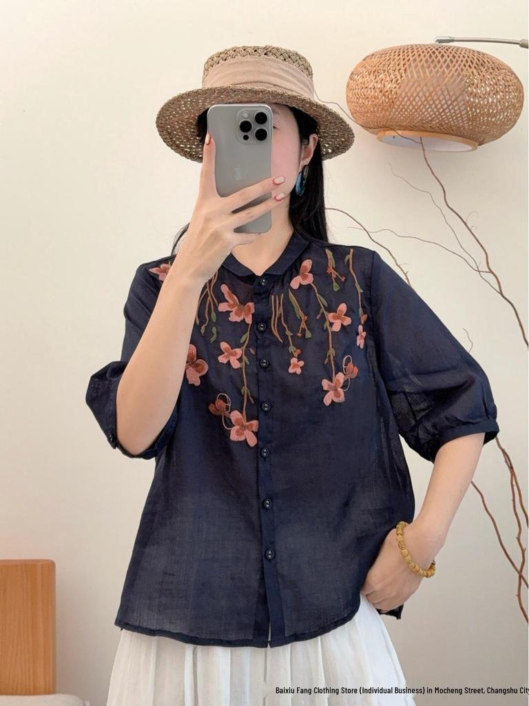 2026 Summer Women's Artistic Embroidered Linen Shirt: Chinese Style, National Flair, Small Lapel, Five-Point Sleeves