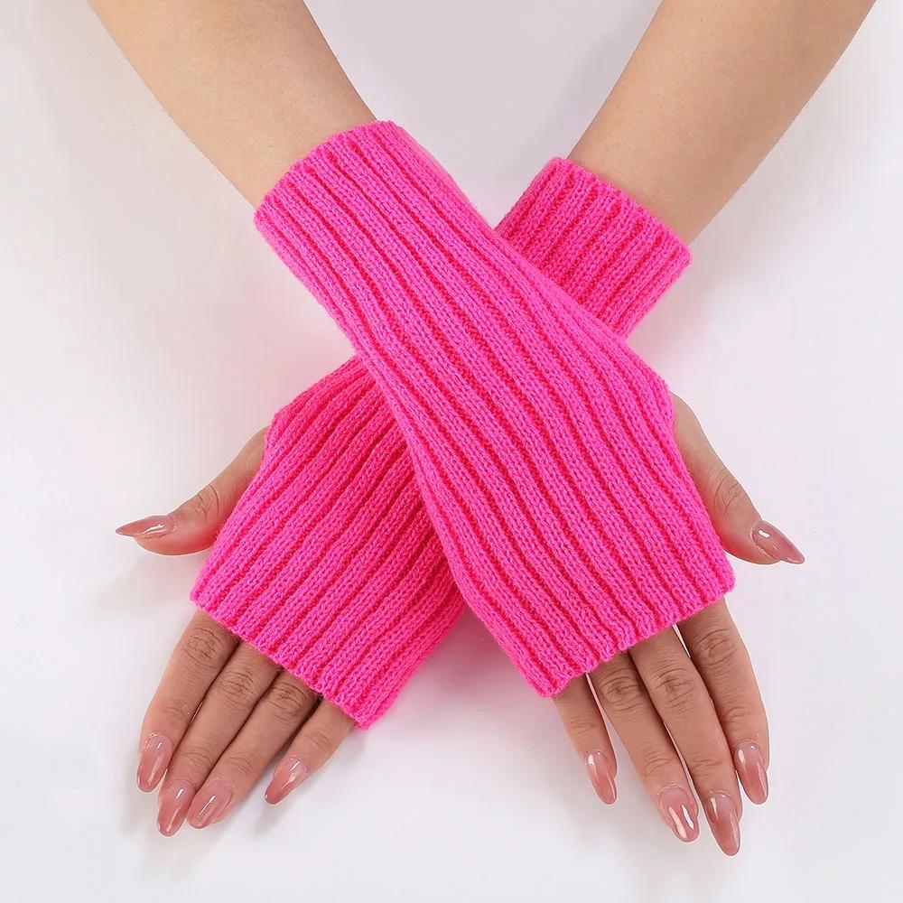 Women Half Finger Gloves Winter Knitted Arm Sleeves Fingerless Mittens Solid Color Soft Gloves Students Touch Screen Gloves