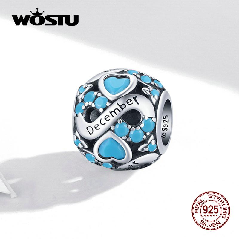 WOSTU Pave barevné kamínky Dvanáct měsíců sférický 925 Sterling Silver Charm korálek pro DIY šperky dárek