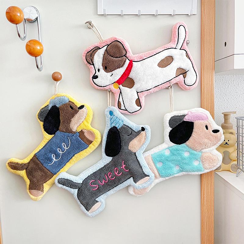 Sød Hund Håndklæde Koral Fleece Stærk Vandabsorption Badeværelse Håndklæde til Hængebrug Blød Vaskeklud Køkken
