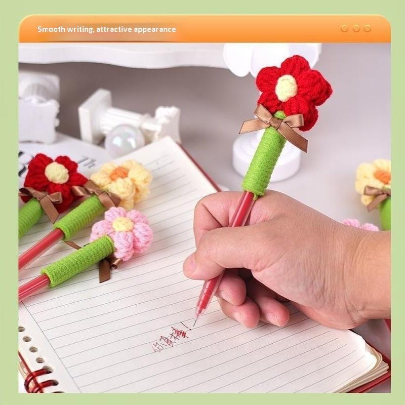1Pcs Cute Plush Flower Gel Pen Creative Decorative Gel Pen Knitted Floral Writing Pen Smooth Writing Teachers Day Gifts