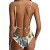 Swimsuit for Women Deep V Neck Adjustable Straps Tropical Leaf Print Bathing Suit Swimwear Beachwear