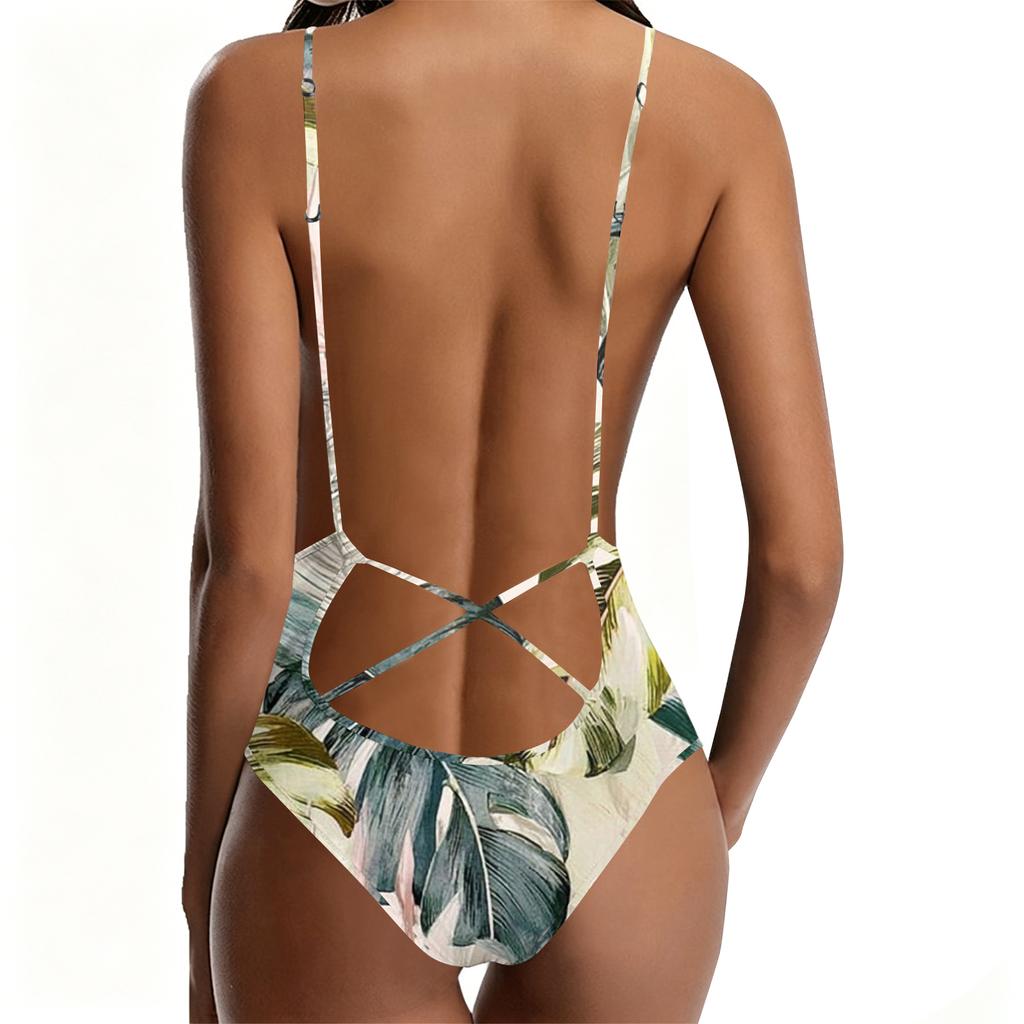 Swimsuit for Women Deep V Neck Adjustable Straps Tropical Leaf Print Bathing Suit Swimwear Beachwear