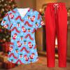 Women's Uniform Set with Short Sleeve Christmas Print Top and Pants, Two Piece Caregiver with Pockets