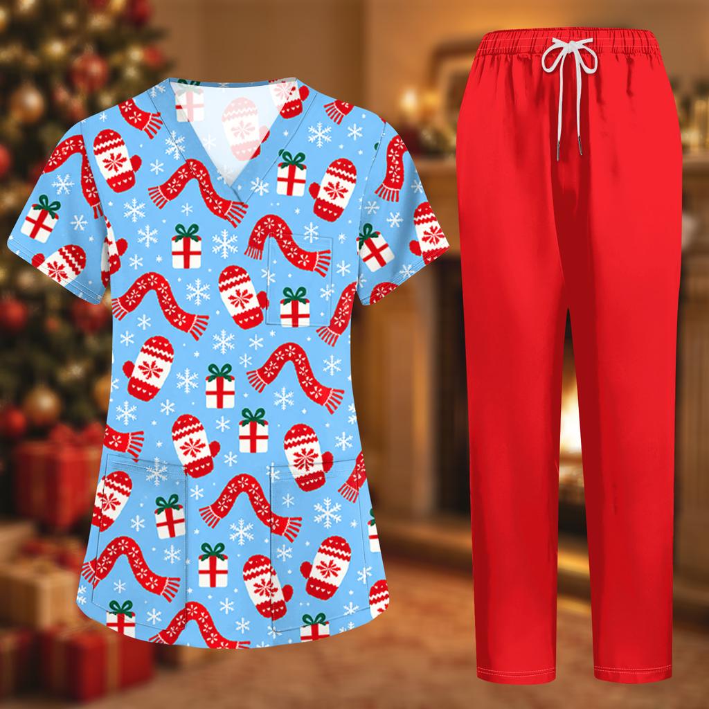Women's Uniform Set with Short Sleeve Christmas Print Top and Pants, Two Piece Caregiver with Pockets
