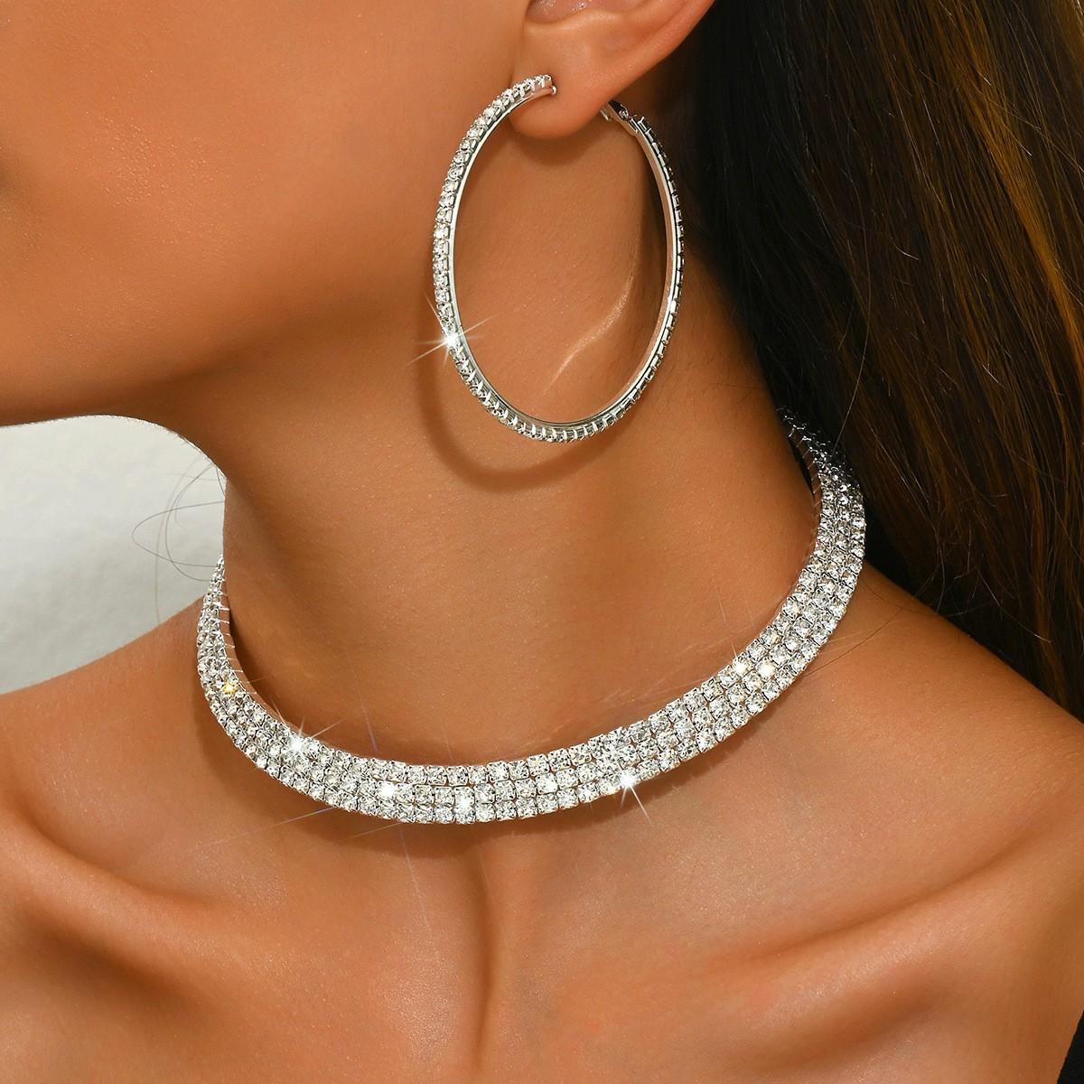 

Fashionable Luxury Sparkling Multi-layer Bridal Jewelry Set - Choker Bracelet Tassel Earrings - Wedding Accessories