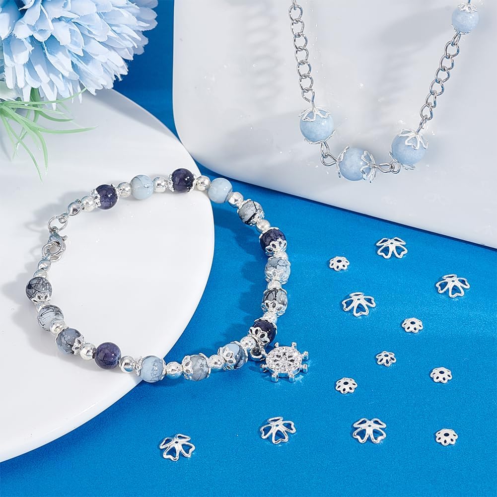 PH PandaHall 48pcs 925 Sterling Silver Bead Caps, 4 Styles Flower Bead End Caps Multi-Petal Spacer Beads Caps Filigree End Charm Caps Bails for DIY